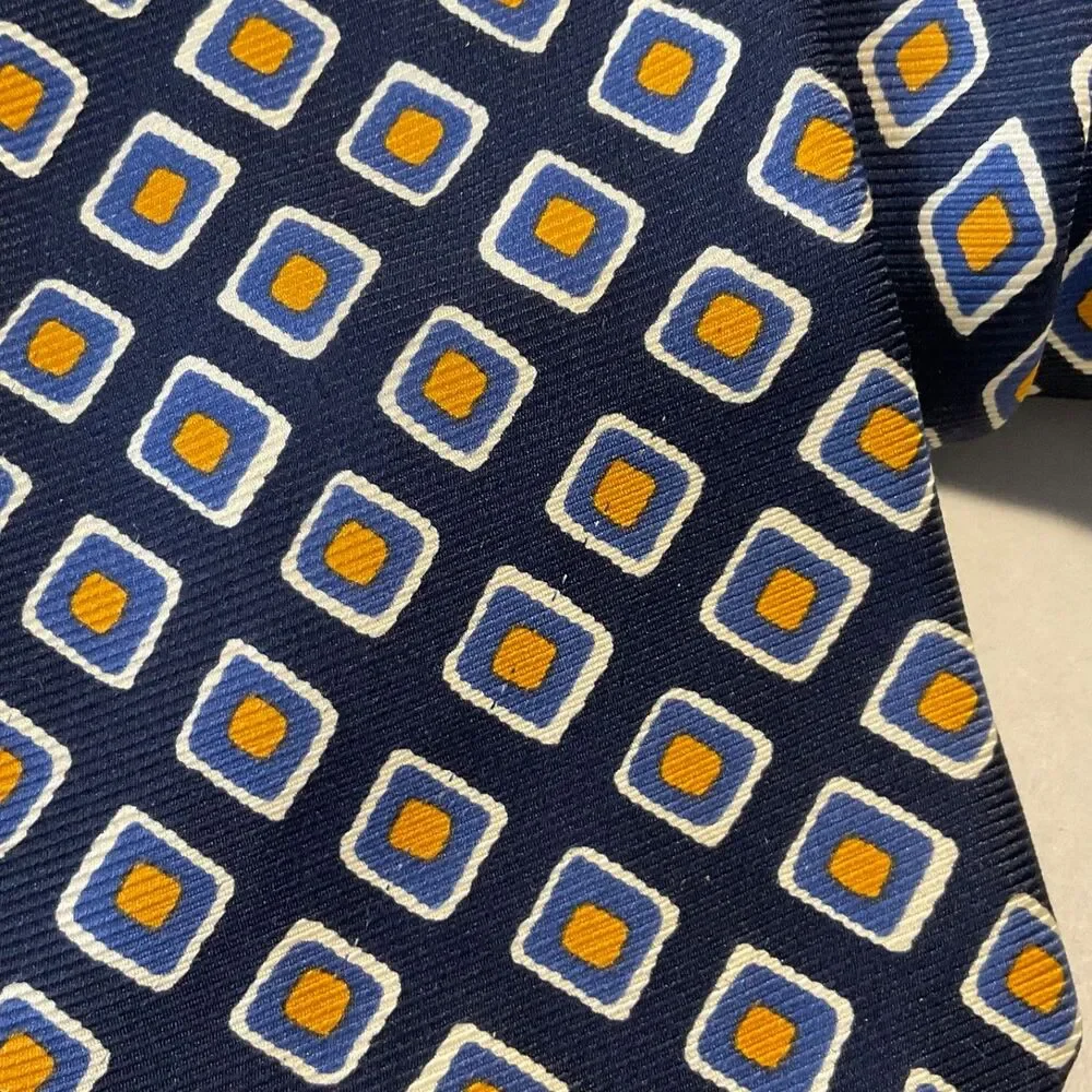 Harold Powell geometric Foulard XL silk tie Made In USA Navy gold white 60.5